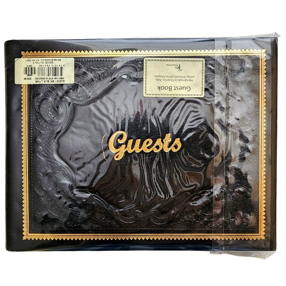 Guest Book Leather Bound Black Gold Embossed Border Italian  (8.5" x 10.5") NEW